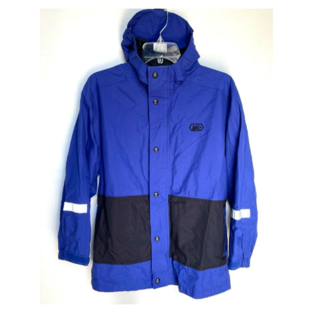 REI Youth L 12-14 Blue Hooded Windbreaker Jacket Full Zip Snap Lightweight
